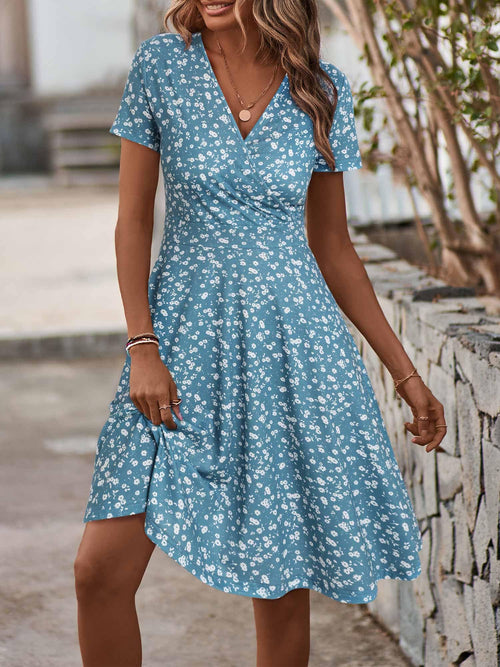 Short Sleeve V Neck Wrap Casual Midi