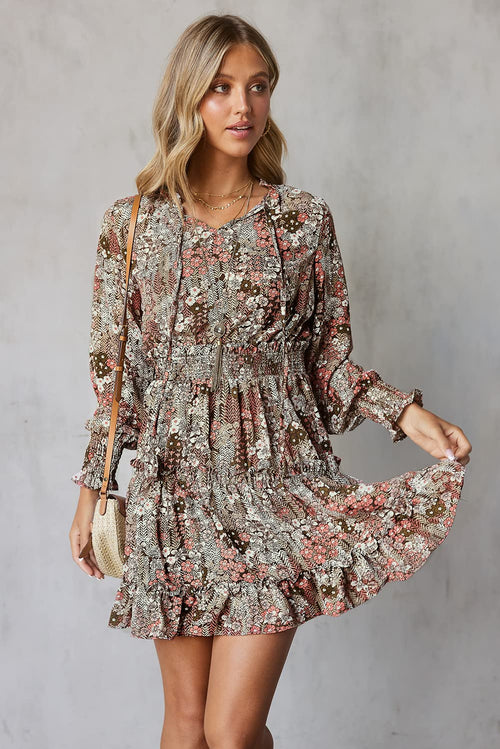 Floral Drawstring V Neck Smocked Long Sleeve Ruffle Tiered Chiffon