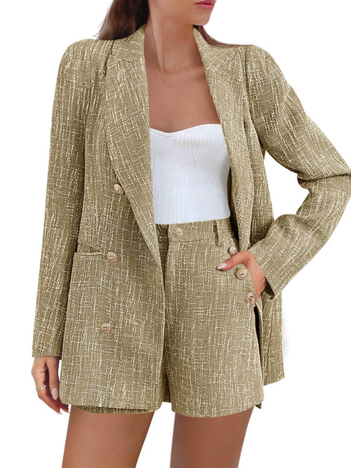 Cicy Bell  2 Piece Tweed Blazer Shorts Sets Long Sleeve Double Breasted Suit Jackets Business Outfit