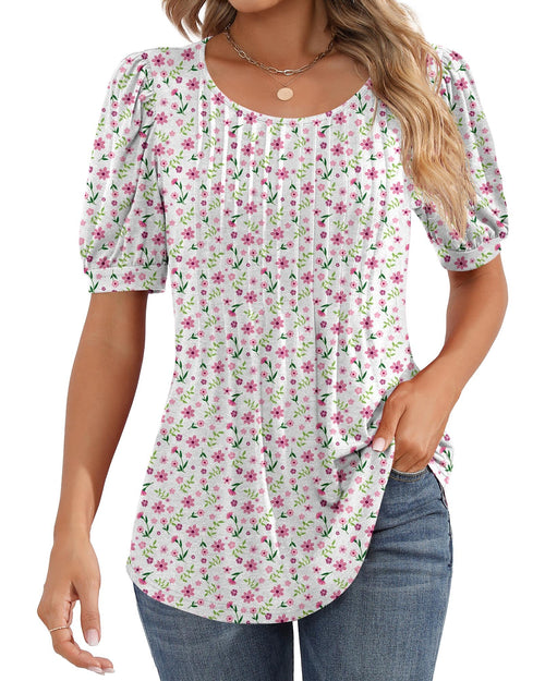 Puff Short Sleeve Tunic Pleated Crew Neck