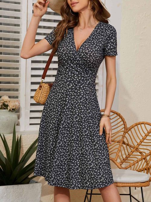 Short Sleeve V Neck Wrap Casual Midi