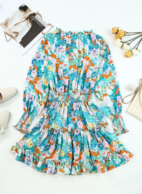 Floral Drawstring V Neck Smocked Long Sleeve Ruffle Tiered Chiffon