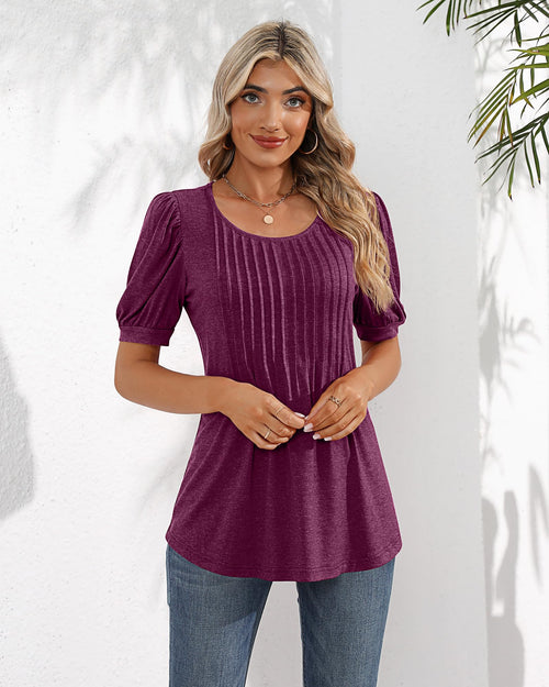 Puff Short Sleeve Tunic Pleated Crew Neck