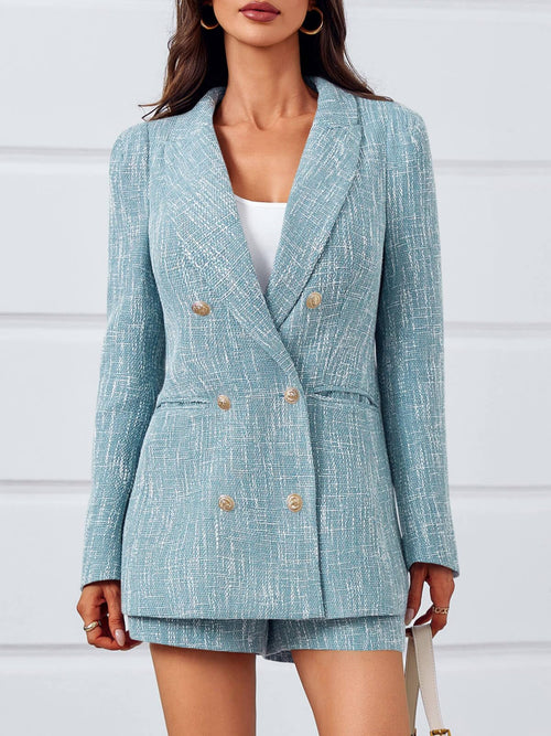 Cicy Bell  2 Piece Tweed Blazer Shorts Sets Long Sleeve Double Breasted Suit Jackets Business Outfit