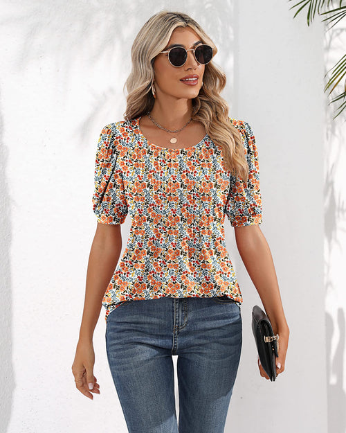 Puff Short Sleeve Tunic Pleated Crew Neck