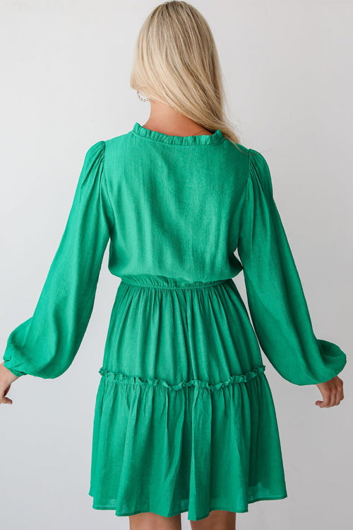 Sea Green Frilly V Neck Puff Sleeve Drawstring Shift Mini