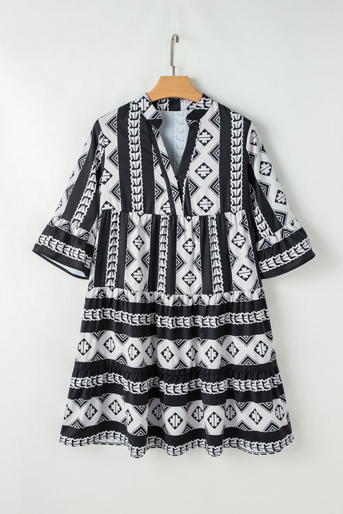 Black Geometric Print V Neck Ruffled