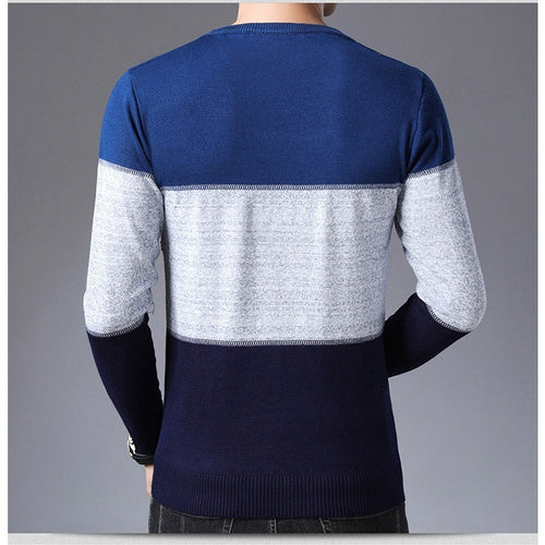 Winter Pullover Men Round Collar Striped Cotton Sweaters Slim Fit Pull Homme Knitwear