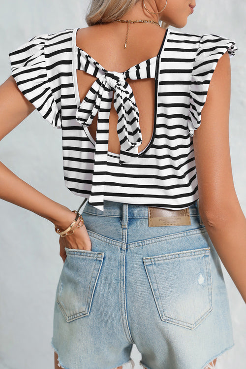 White Stripe V Neck Knotted Backless Ruffle