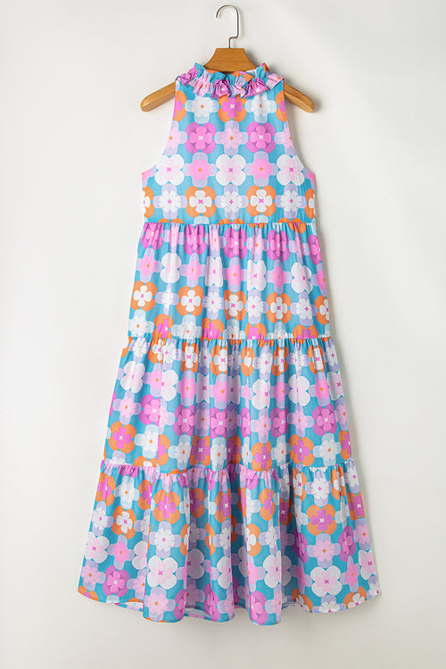 Pink Abstract Print Frill Split Neck Tiered Maxi Dress