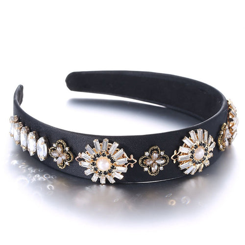 Baroque Retro Set Water Diamond Flower Wide Edge Pearl Hair Hoop