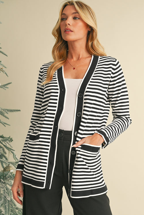 Black Striped Pocketed Button Long Cardigan