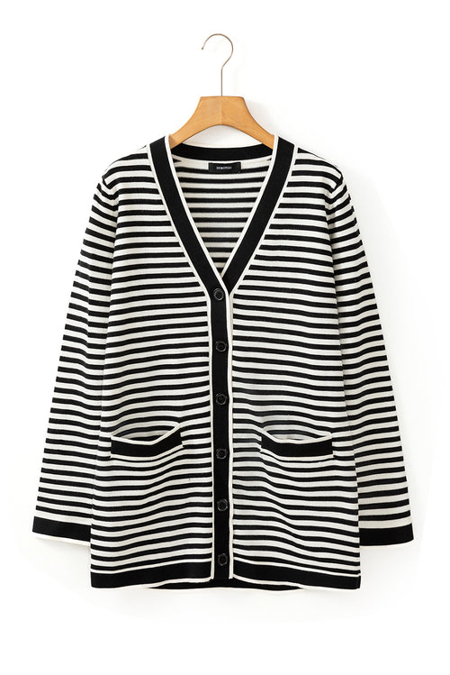 Black Striped Pocketed Button Long Cardigan