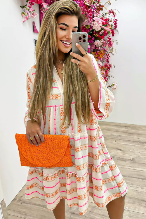 Orange Bohemian Printed Bracelet Sleeve Slit Neck Ruffled Loose