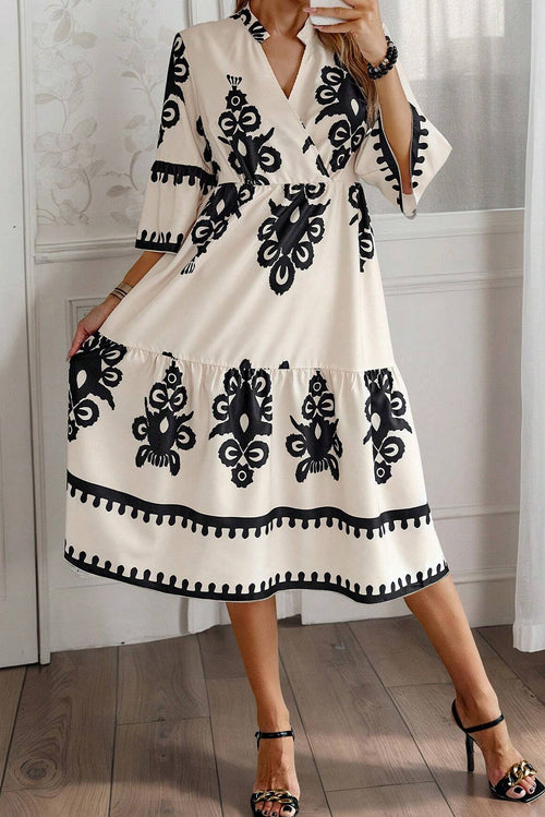 Beige Western Geometric Print 3/4 Sleeve Loose Midi