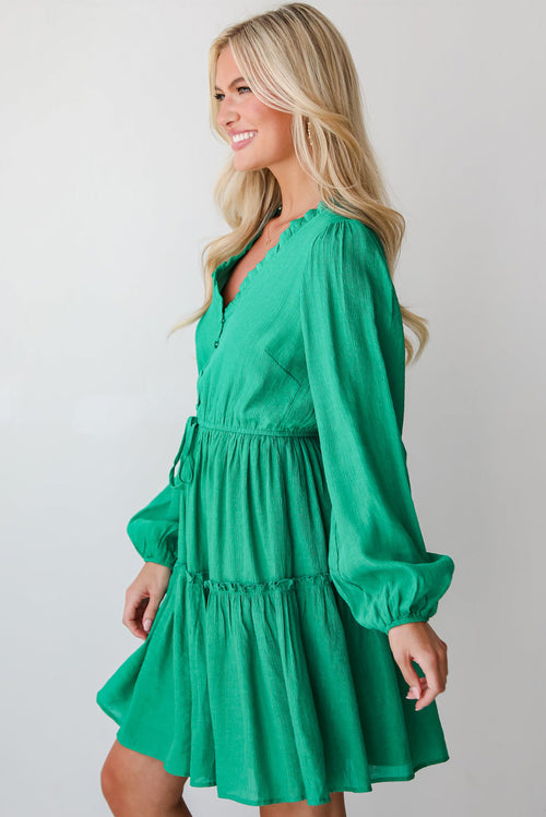 Sea Green Frilly V Neck Puff Sleeve Drawstring Shift Mini