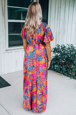 Print V Neck Short Sleeve Maxi Wrap