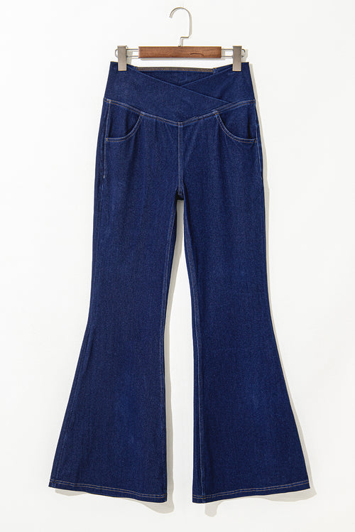 Dusk Blue Solid Crossed High Waist Fit Flare Jeans