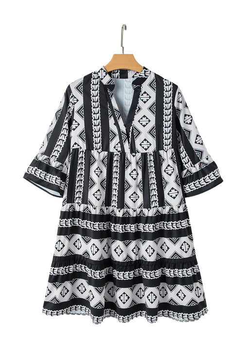 Black Geometric Print V Neck Ruffled