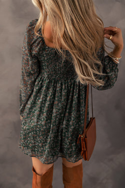 Green Floral Print Sweetheart Neck Shirred Back Mini