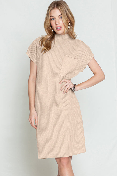 Blackish Green Patch Pocket Knit Short Sleeve Sweater Dress