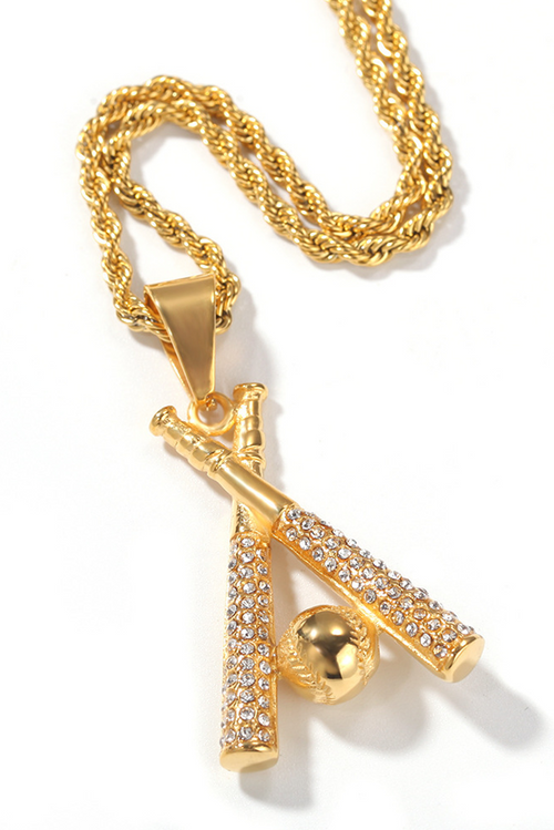 Gold Rhinestone Baseball Bat Pendant Necklace