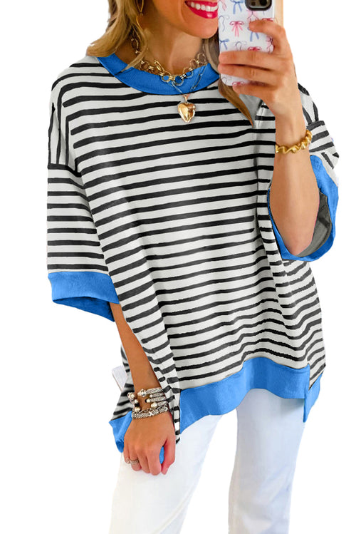 Sky Blue Stripe Contrast Drop Sleeve Loose