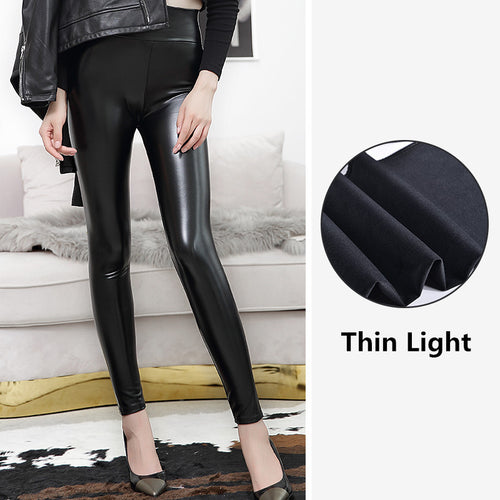 Autumn Winter High Waist Faux Leather Pants Bright Leather Leggings High Elastic Women Fleece Lined Feet