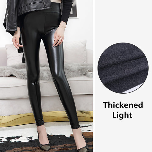 Autumn Winter High Waist Faux Leather Pants Bright Leather Leggings High Elastic Women Fleece Lined Feet