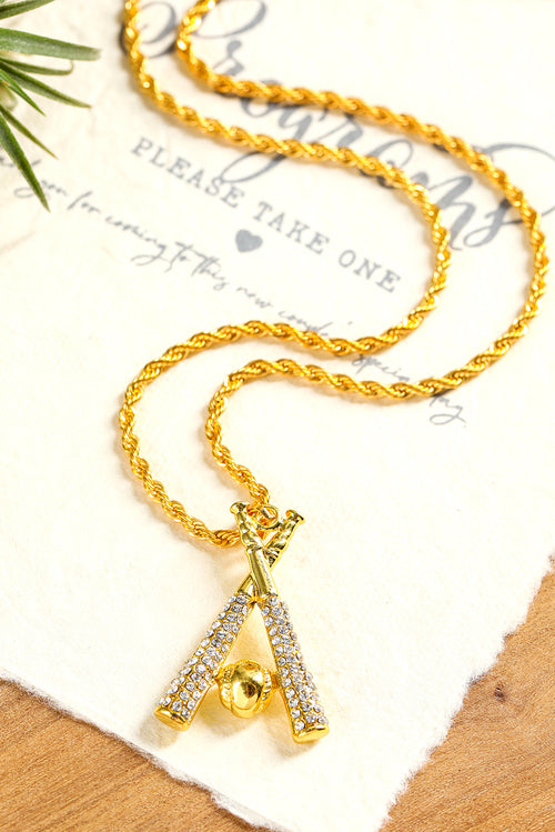 Gold Rhinestone Baseball Bat Pendant Necklace