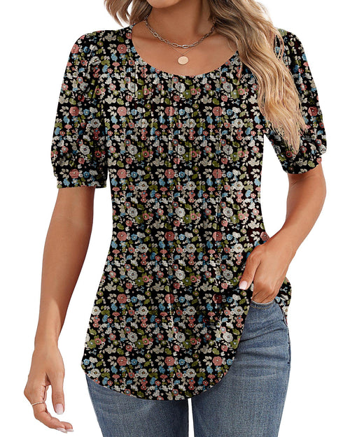 Puff Short Sleeve Tunic Pleated Crew Neck