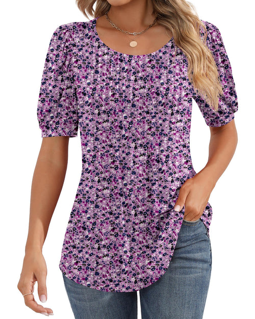 Puff Short Sleeve Tunic Pleated Crew Neck