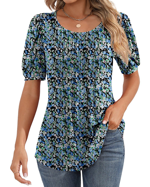 Puff Short Sleeve Tunic Pleated Crew Neck