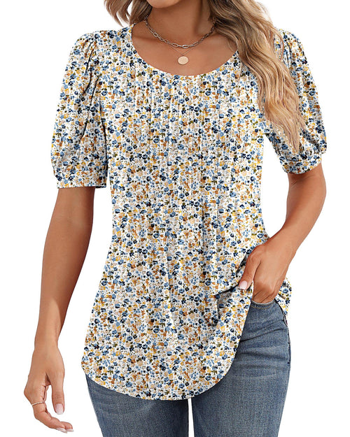 Puff Short Sleeve Tunic Pleated Crew Neck