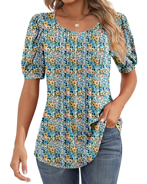 Puff Short Sleeve Tunic Pleated Crew Neck