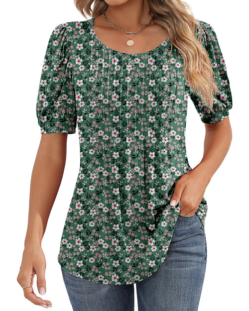 Puff Short Sleeve Tunic Pleated Crew Neck