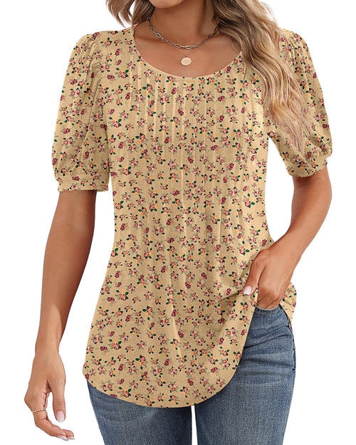 Puff Short Sleeve Tunic Pleated Crew Neck