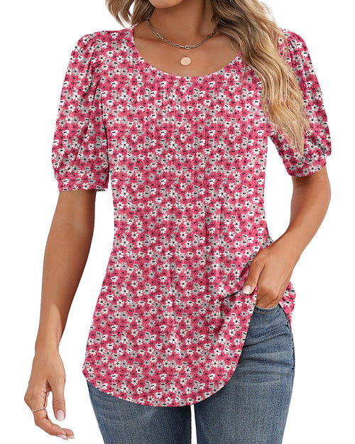 Puff Short Sleeve Tunic Pleated Crew Neck