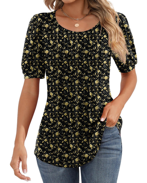 Puff Short Sleeve Tunic Pleated Crew Neck