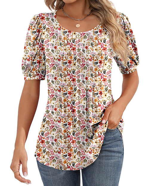 Puff Short Sleeve Tunic Pleated Crew Neck