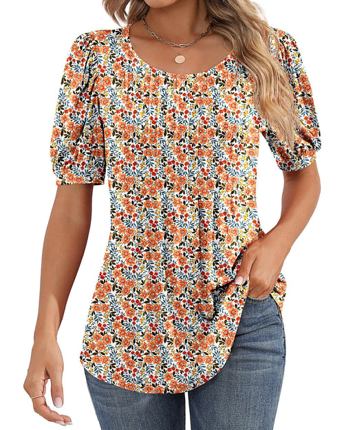 Puff Short Sleeve Tunic Pleated Crew Neck