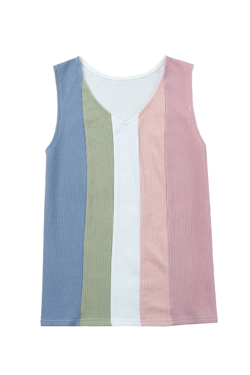 Multicolor Color Block Casual V Neck Waffle Knit Tank Top