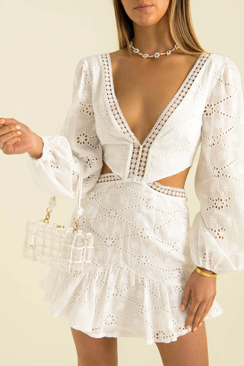 French V neck Lace Stitching Waist Open  Eyelet Embroidery