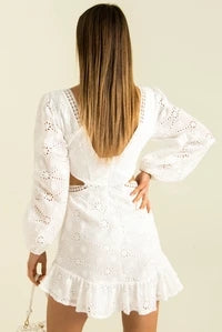 French V neck Lace Stitching Waist Open  Eyelet Embroidery