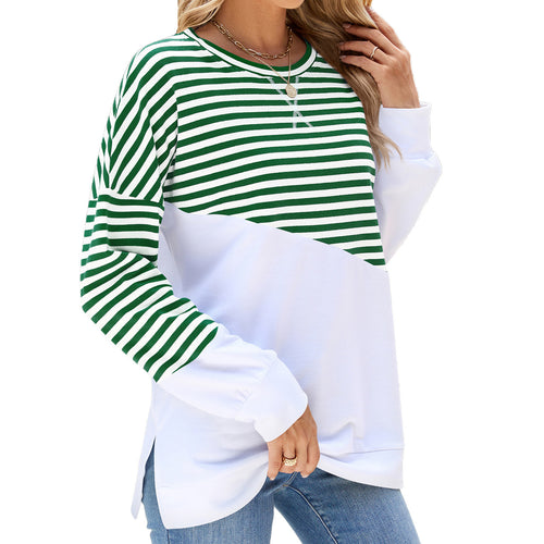 Striped Printed Long Sleeve Round Neck Pullover Split