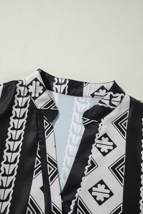 Black Geometric Print V Neck Ruffled