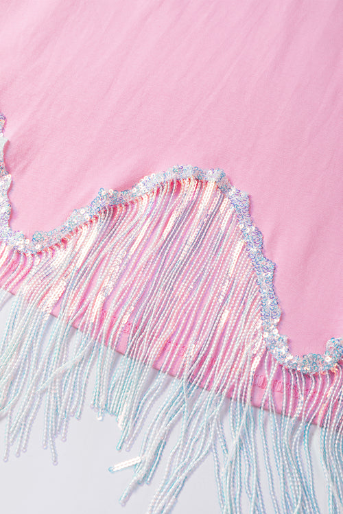 Pink Casual Fringe Sequin Hem Cropped