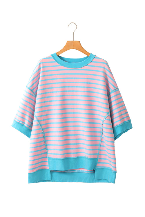 Sky Blue Stripe Contrast Drop Sleeve Loose