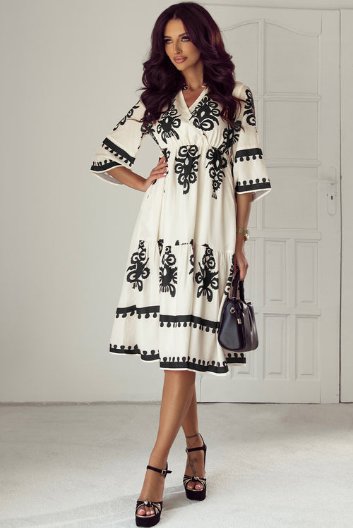 Beige Western Geometric Print 3/4 Sleeve Loose Midi