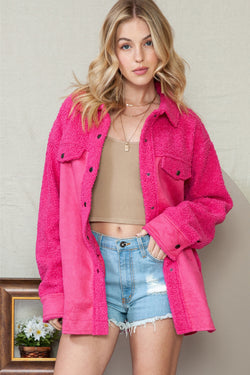 Rosy Faux Suede Sherpa Patchwork Button Up